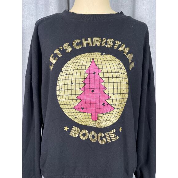 Tu Woman Holiday Sweatshirt, Large, Let's Christmas Boogie, Gold Lettering Globe - Picture 2 of 6